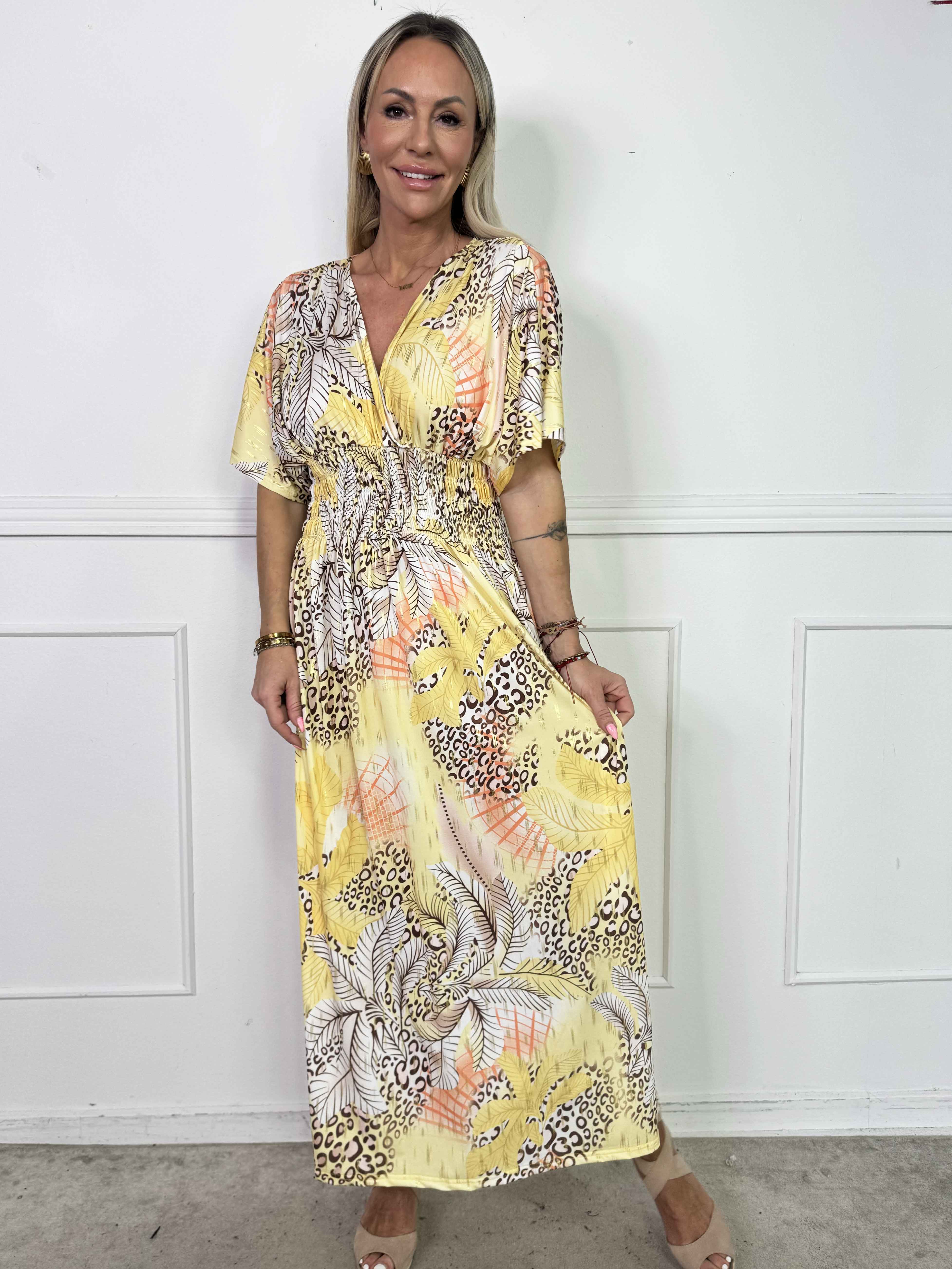 Pams Multi Leo - Lang elastisk kjole med print og guld detaljer